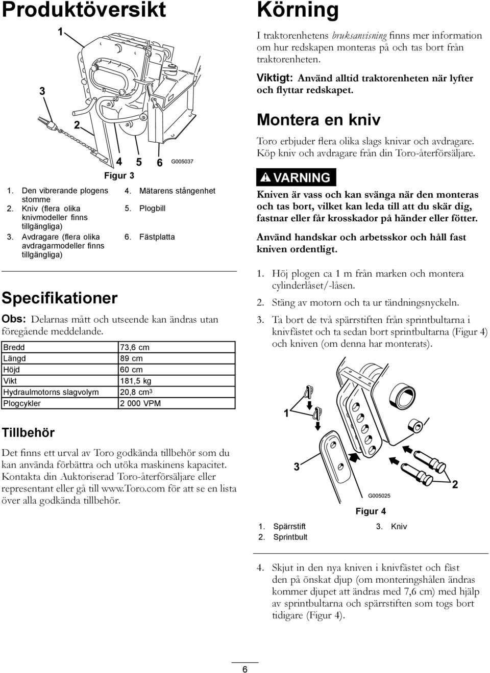 Den vibrerande plogens stomme 2. Kniv (flera olika knivmodeller finns tillgängliga) 3. Avdragare (flera olika avdragarmodeller finns tillgängliga) Specifikationer Figur 3 4. Mätarens stångenhet 5.