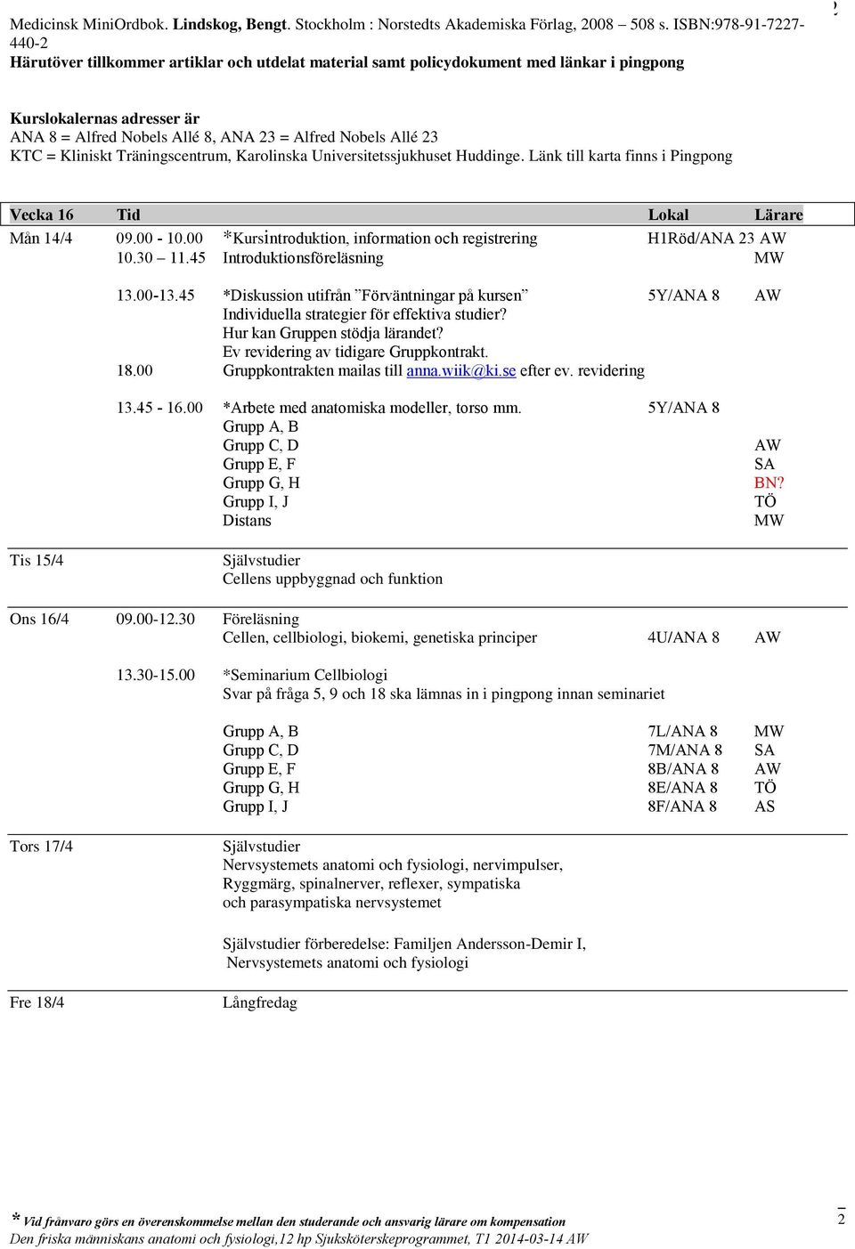Allé 23 KTC = Kliniskt Träningscentrum, Karolinska Universitetssjukhuset Huddinge. Länk till karta finns i Pingpong Vecka 16 Tid Lokal Lärare Mån 14/4 09.00-10.