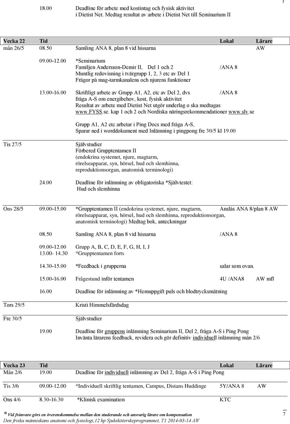 00 *Seminarium Familjen Andersson-Demir II, Del 1 och 2 /ANA 8 Muntlig redovisning i tvärgrupp 1, 2, 3 etc av Del 1 Frågor på mag-tarmkanalens och njurens funktioner 13.00-16.