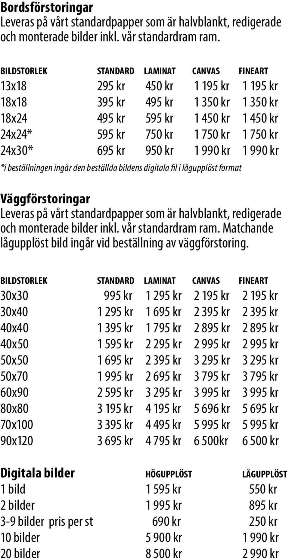 24x30* 695 kr 950 kr 1 990 kr 1 990 kr *i beställningen ingår den beställda bildens digitala fil i lågupplöst format Väggförstoringar Leveras på vårt standardpapper som är halvblankt, redigerade och