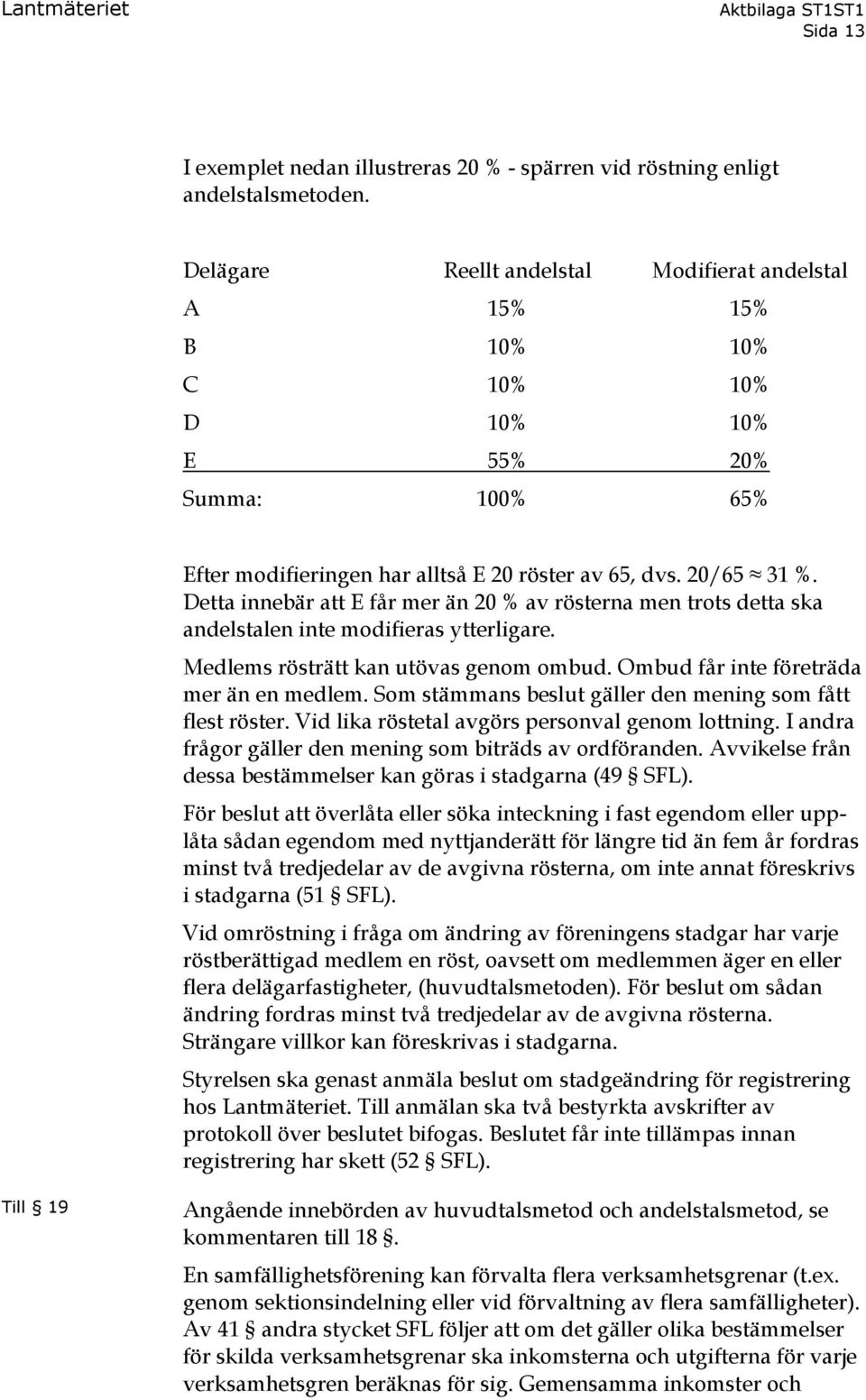 Detta innebär att E får mer än 20 % av rösterna men trots detta ska andelstalen inte modifieras ytterligare. Medlems rösträtt kan utövas genom ombud. Ombud får inte företräda mer än en medlem.