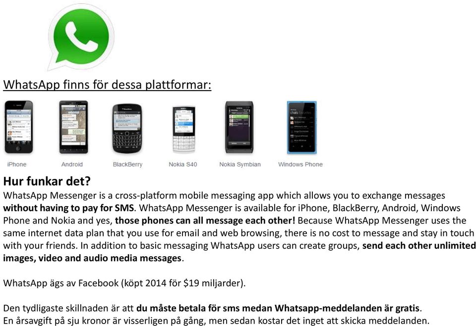 Because WhatsApp Messenger uses the same internet data plan that you use for email and web browsing, there is no cost to message and stay in touch with your friends.