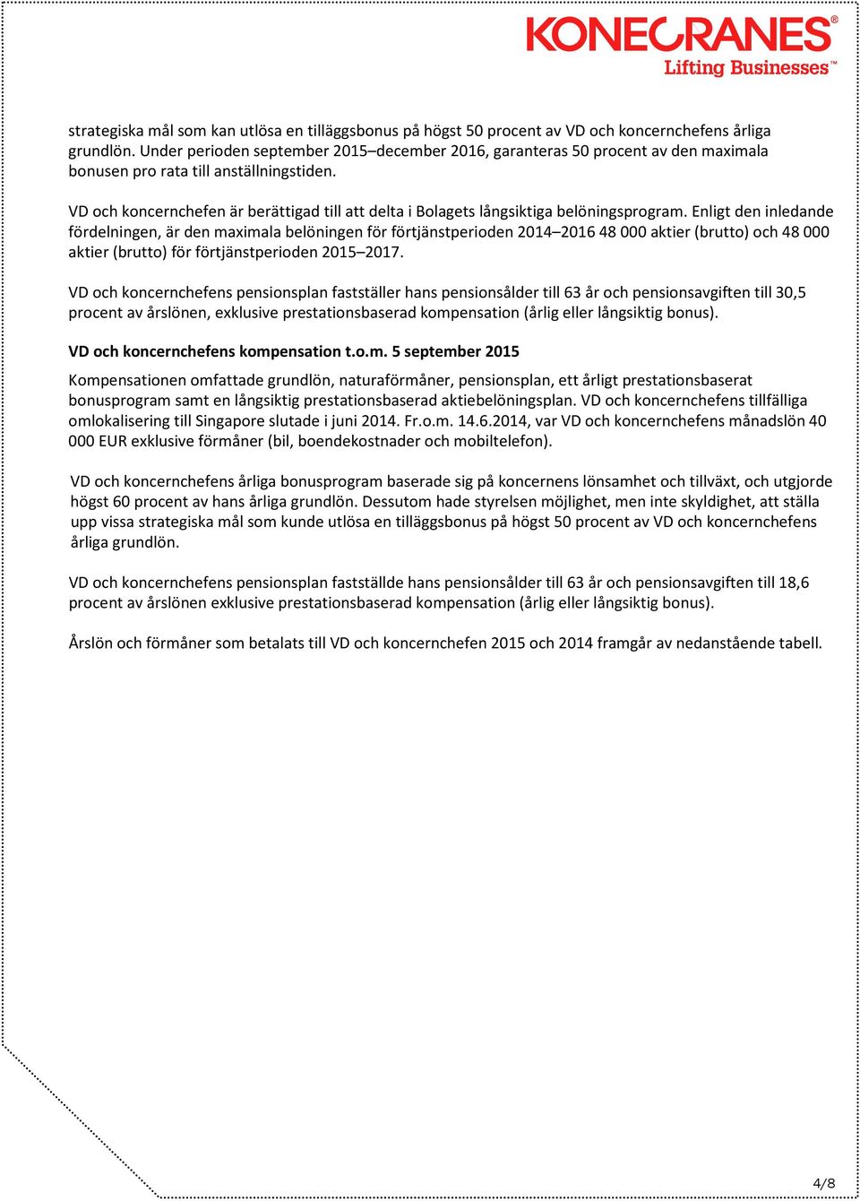 VD och koncernchefen är berättigad till att delta i Bolagets långsiktiga belöningsprogram.