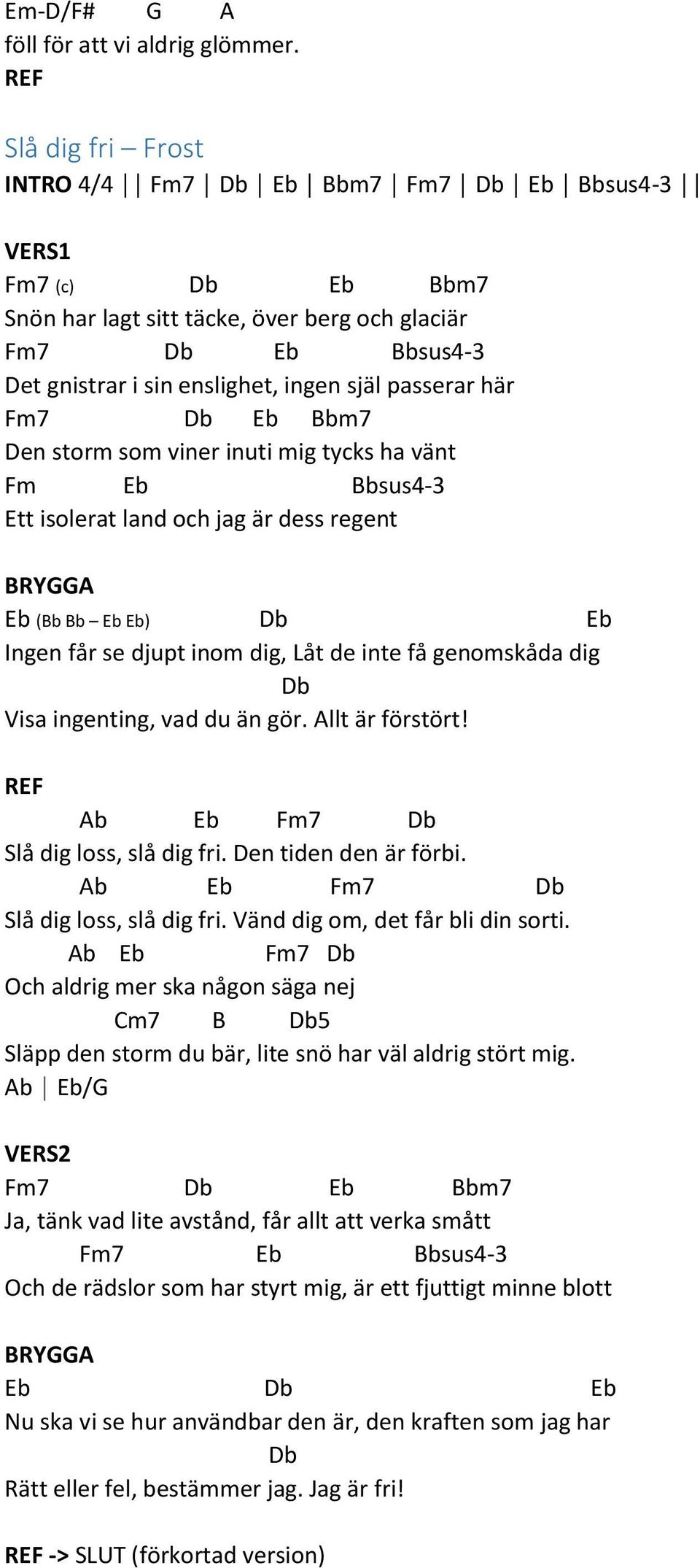 här Fm7 Db Eb Bbm7 Den storm som viner inuti mig tycks ha vänt Fm Eb Bbsus4-3 Ett isolerat land och jag är dess regent BRYGGA Eb (Bb Bb Eb Eb) Db Eb Ingen får se djupt inom dig, Låt de inte få