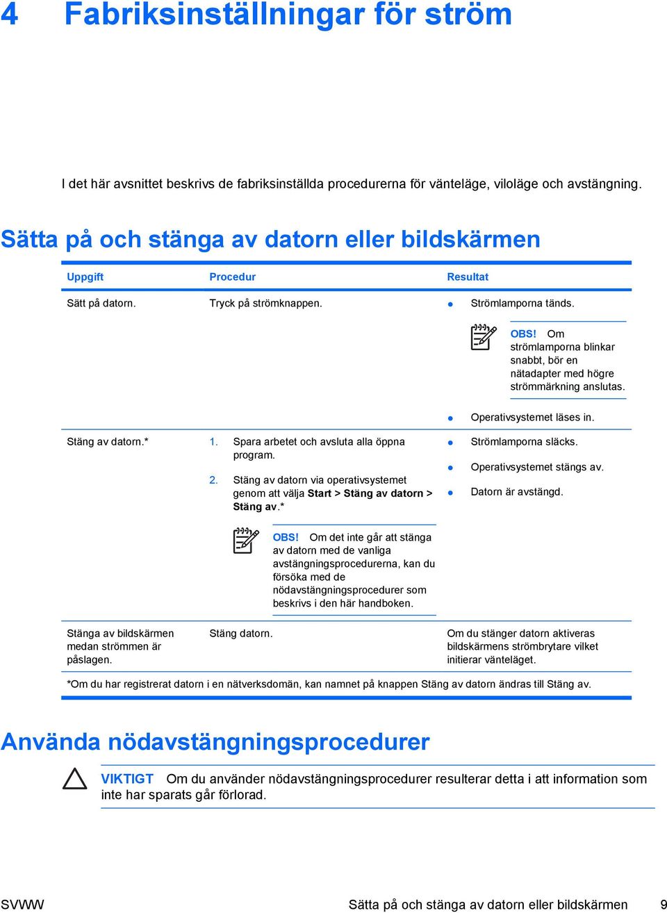 Om strömlamporna blinkar snabbt, bör en nätadapter med högre strömmärkning anslutas. Stäng av datorn.* 1. Spara arbetet och avsluta alla öppna program. 2.