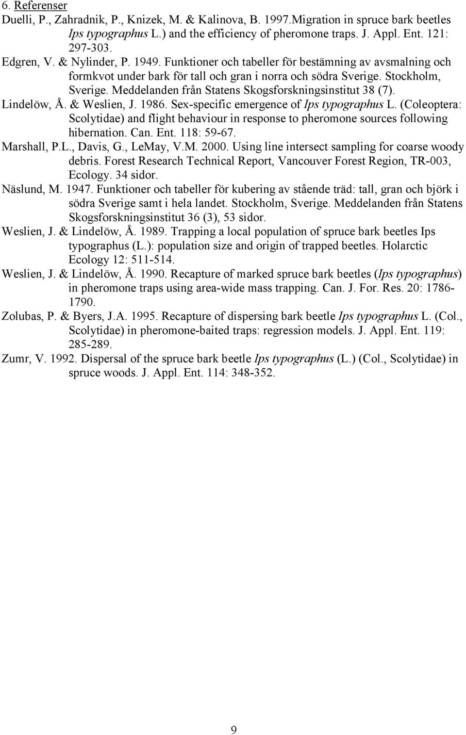 Meddelanden från Statens Skogsforskningsinstitut 38 (7). Lindelöw, Å. & Weslien, J. 1986. Sex-specific emergence of Ips typographus L.