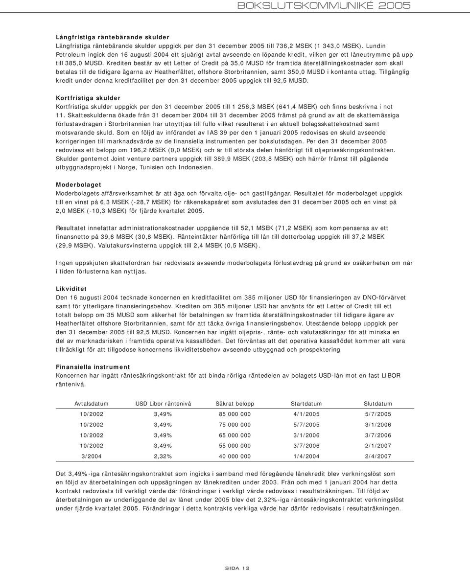 Krediten består av ett Letter of Credit på 35,0 MUSD för framtida återställningskostnader som skall betalas till de tidigare ägarna av Heatherfältet, offshore Storbritannien, samt 350,0 MUSD i
