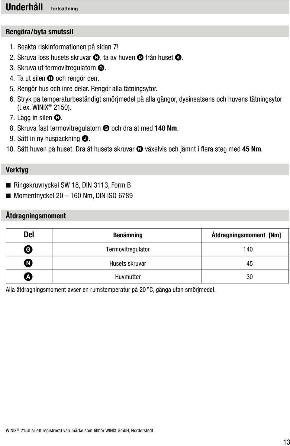 WINIX 2150). 7. Lägg in silen H. 8. Skruva fast termovitregulatorn G och dra åt med 140 Nm. 9. Sätt in ny huspackning J. 10. Sätt huven på huset.