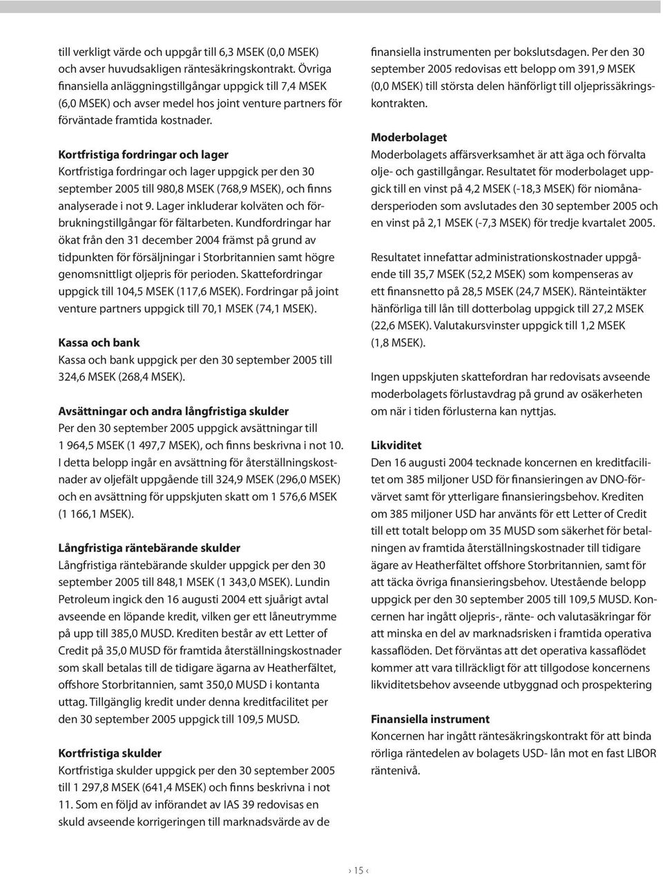Kortfristiga fordringar och lager Kortfristiga fordringar och lager uppgick per den 30 september 2005 till 980,8 MSEK (768,9 MSEK), och finns analyserade i not 9.