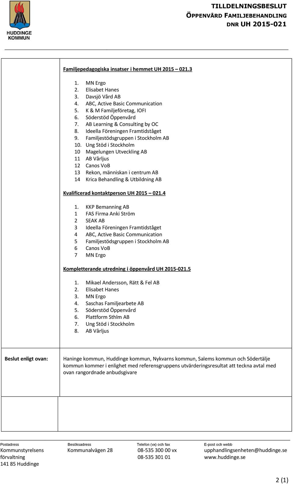 Ung Stöd i Stockholm 10 Magelungen Utveckling AB 11 AB Vårljus 12 Canos VoB 13 Rekon, människan i centrum AB 14 Krica Behandling & Utbildning AB Kvalificerad kontaktperson UH 2015 021.4 1.