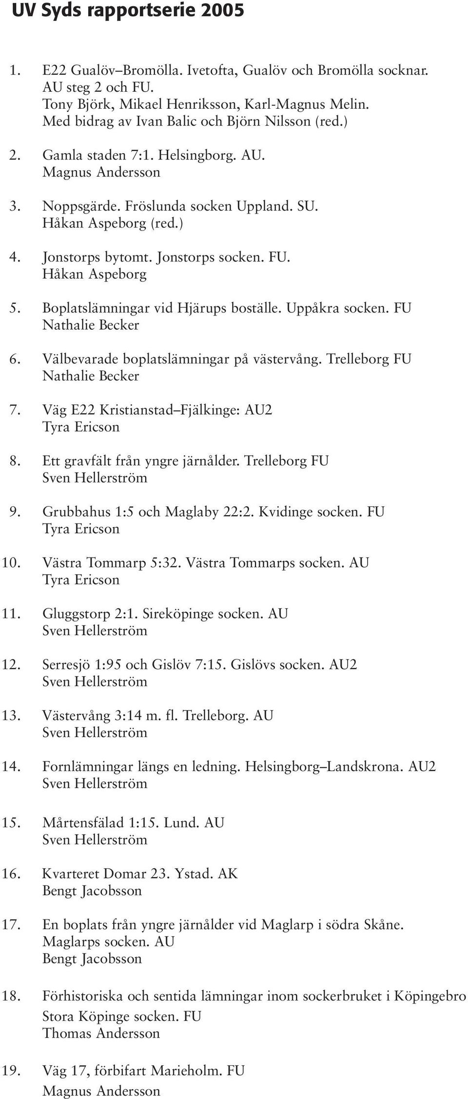 Jonstorps socken. FU. Håkan Aspeborg 5. Boplatslämningar vid Hjärups boställe. Uppåkra socken. FU Nathalie Becker 6. Välbevarade boplatslämningar på västervång. Trelleborg FU Nathalie Becker 7.