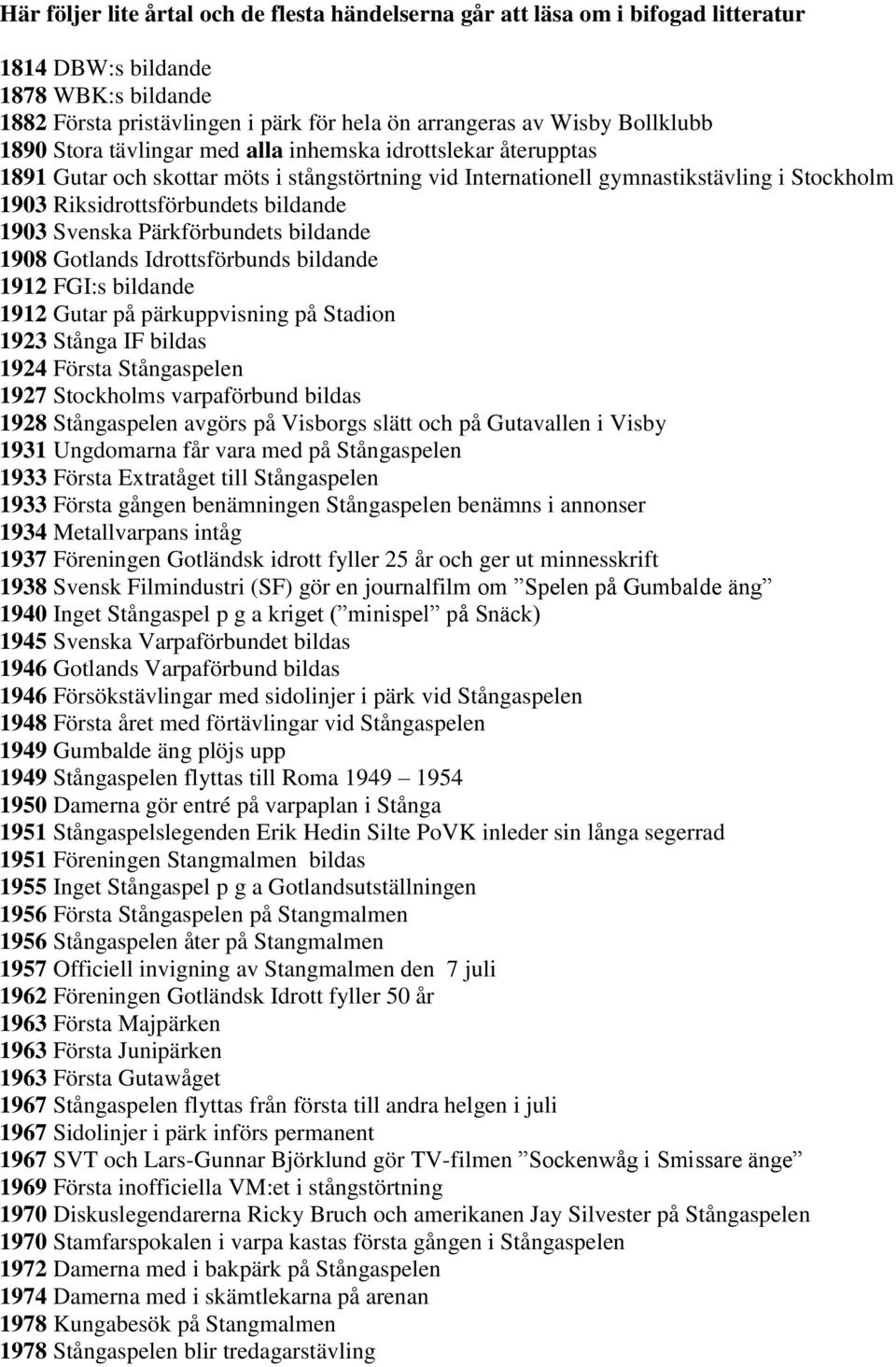 Svenska Pärkförbundets bildande 1908 Gotlands Idrottsförbunds bildande 1912 FGI:s bildande 1912 Gutar på pärkuppvisning på Stadion 1923 Stånga IF bildas 1924 Första Stångaspelen 1927 Stockholms
