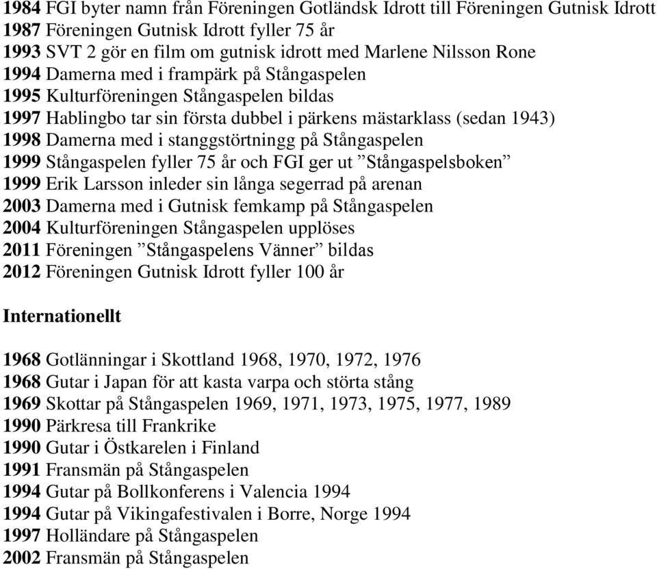 Stångaspelen 1999 Stångaspelen fyller 75 år och FGI ger ut Stångaspelsboken 1999 Erik Larsson inleder sin långa segerrad på arenan 2003 Damerna med i Gutnisk femkamp på Stångaspelen 2004
