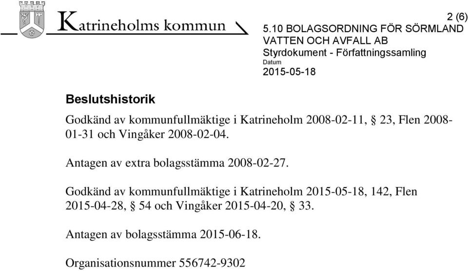 Godkänd av kommunfullmäktige i Katrineholm, 142, Flen 2015-04-28, 54 och Vingåker