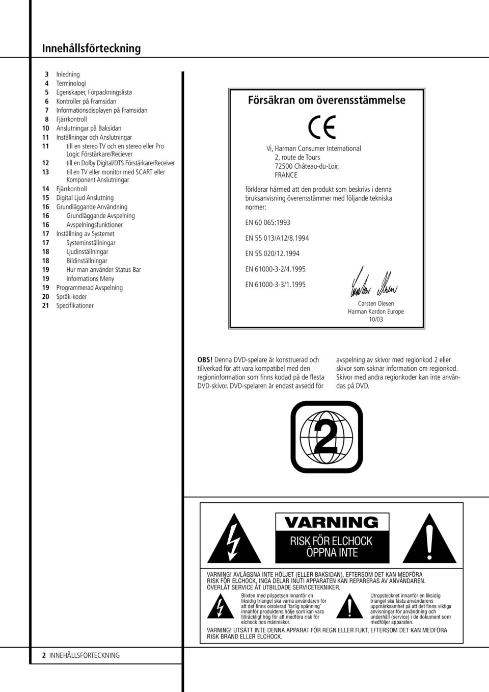 Komponent Anslutningar 14 Fjärrkontroll 15 Digital Ljud Anslutning 16 Grundläggande Användning 16 Grundläggande Avspelning 16 Avspelningsfunktioner 17 Inställning av Systemet 17 Systeminställningar