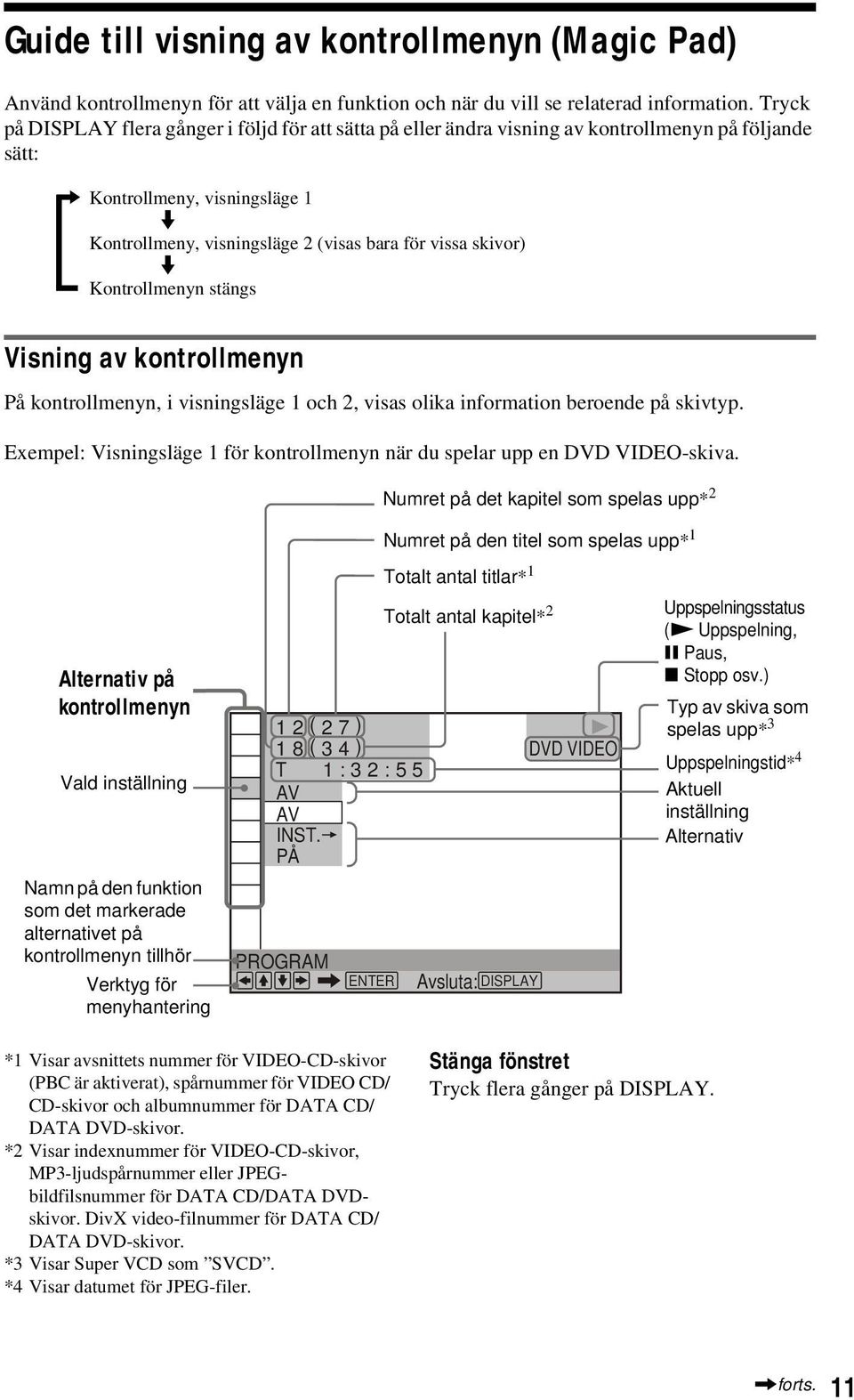 skivor) m Kontrollmenyn stängs Visning av kontrollmenyn På kontrollmenyn, i visningsläge 1 och 2, visas olika information beroende på skivtyp.