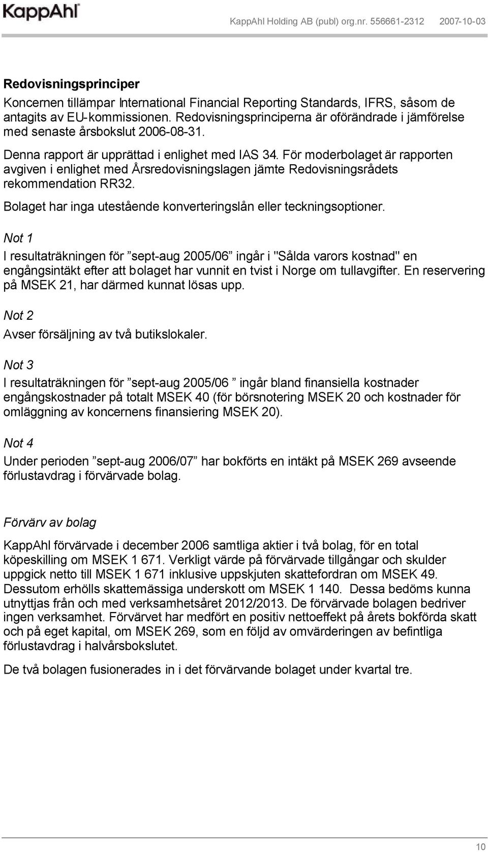 För moderbolaget är rapporten avgiven i enlighet med Årsredovisningslagen jämte Redovisningsrådets rekommendation RR32. Bolaget har inga utestående konverteringslån eller teckningsoptioner.