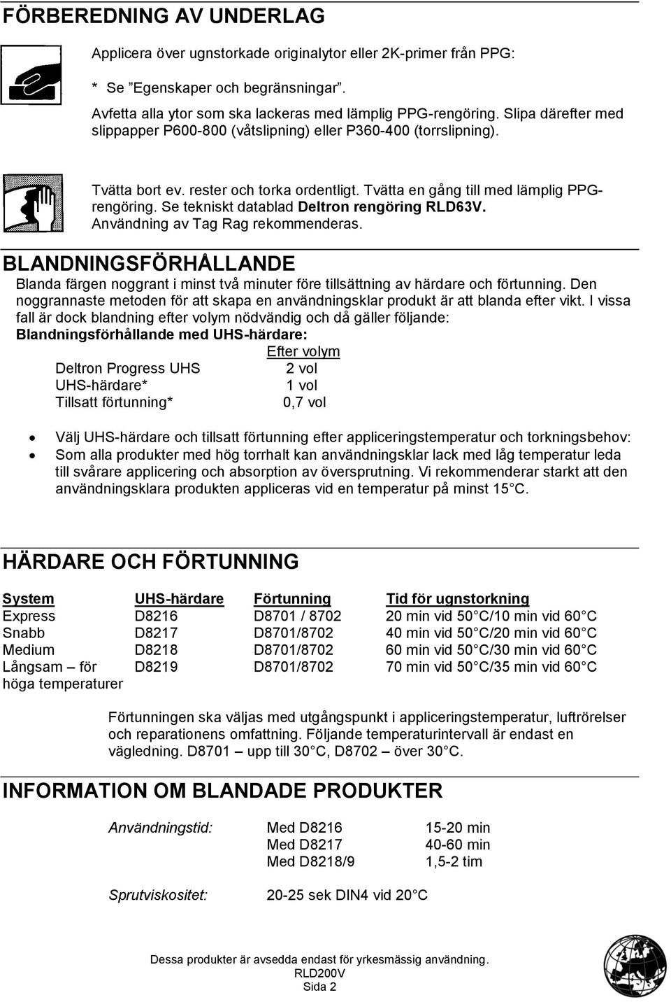 Se tekniskt datablad Deltron rengöring RLD63V. Användning av Tag Rag rekommenderas. BLANDNINGSFÖRHÅLLANDE Blanda färgen noggrant i minst två minuter före tillsättning av härdare och förtunning.