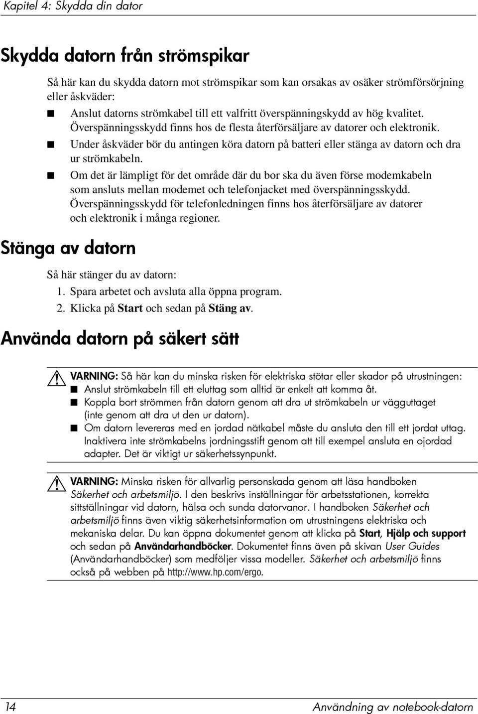 Under åskväder bör du antingen köra datorn på batteri eller stänga av datorn och dra ur strömkabeln.
