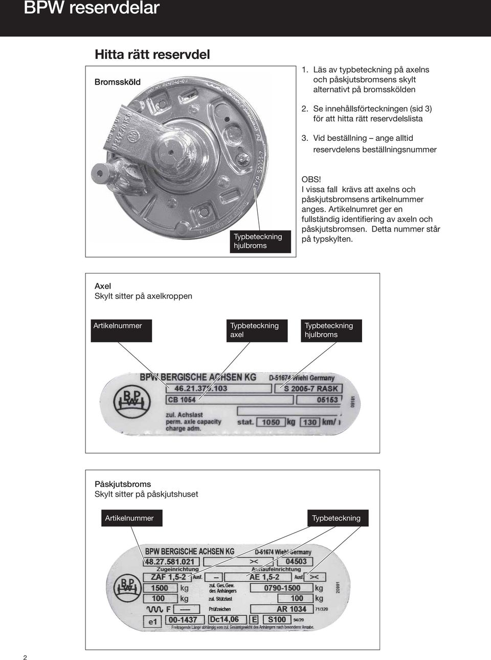 I vissa fall krävs att axelns och påskjutsbromsens artikelnummer anges. Artikelnumret ger en fullständig identifiering av axeln och påskjutsbromsen.
