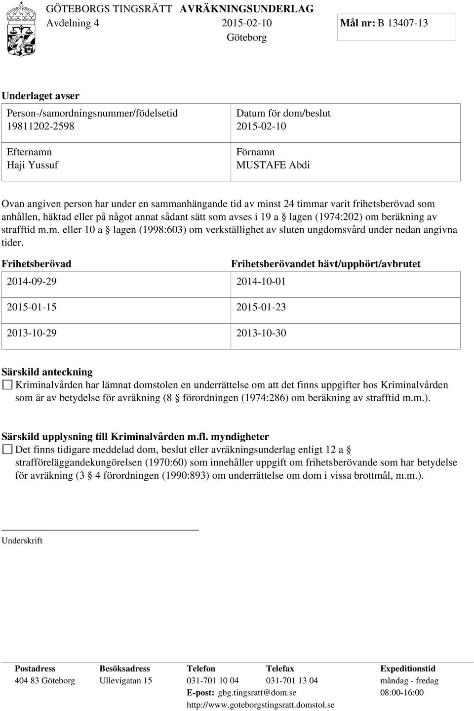 Frihetsberövad 2014-09-29 2014-10-01 2015-01-15 2015-01-23 2013-10-29 2013-10-30 Frihetsberövandet hävt/upphört/avbrutet Särskild anteckning Kriminalvården har lämnat domstolen en underrättelse om