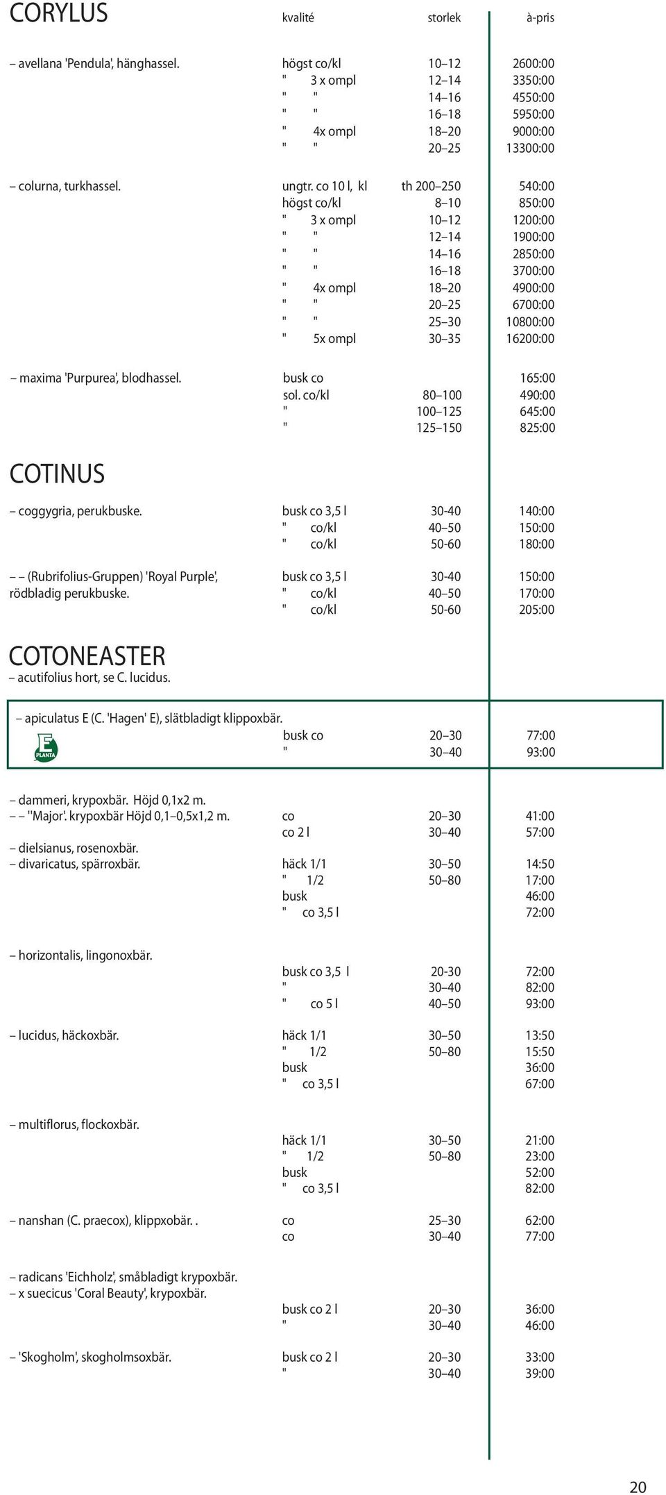 co 10 l, kl th 200 250 540:00 högst co/kl 8 10 850:00 " 3 x ompl 10 12 1200:00 " " 12 14 1900:00 " " 14 16 2850:00 " " 16 18 3700:00 " 4x ompl 18 20 4900:00 " " 20 25 6700:00 " " 25 30 10800:00 " 5x