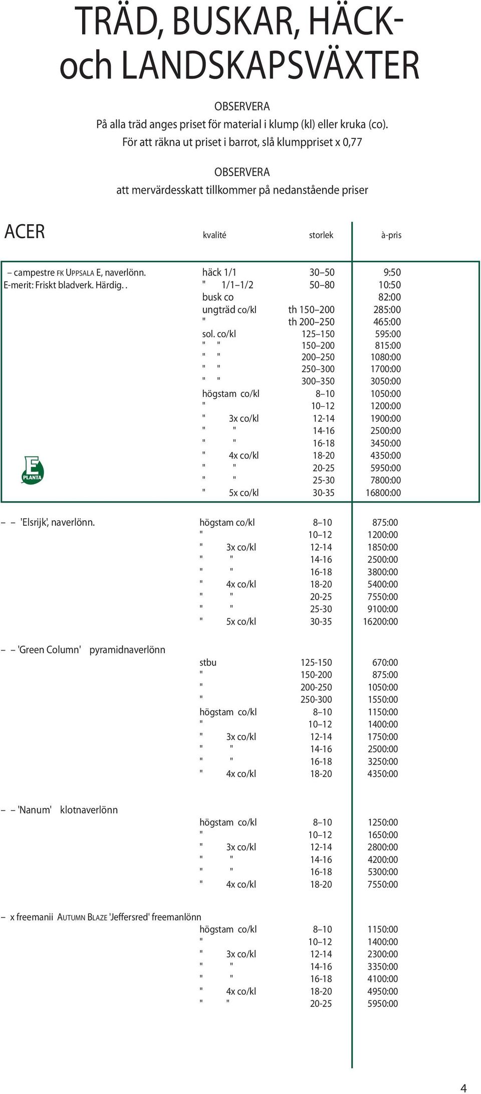 häck 1/1 30 50 9:50 E-merit: Friskt bladverk. Härdig.. " 1/1 1/2 50 80 10:50 busk co 82:00 ungträd co/kl th 150 200 285:00 " th 200 250 465:00 sol.