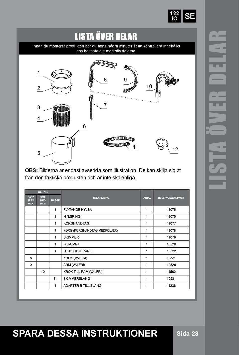 EASY T POOL MED BÄGGE BESKRIVNING ANTAL RERVDELSNUMMER POOL RAM 1 FLYTANDE HYLSA 1 11075 1 HYLSRING 1 11076 1 KORGHANDTAG 1 11077 1 KORG (KORGHANDTAG MEDFÖLJER) 1 11078 1