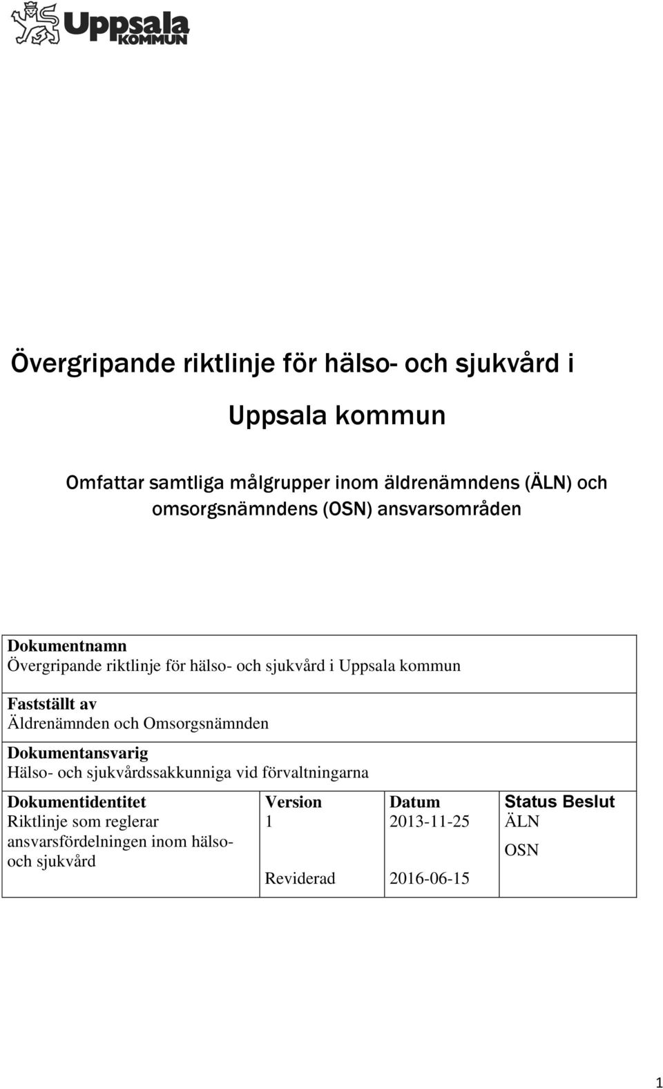 av Äldrenämnden och Omsorgsnämnden Dokumentansvarig Hälso- och sjukvårdssakkunniga vid förvaltningarna Dokumentidentitet