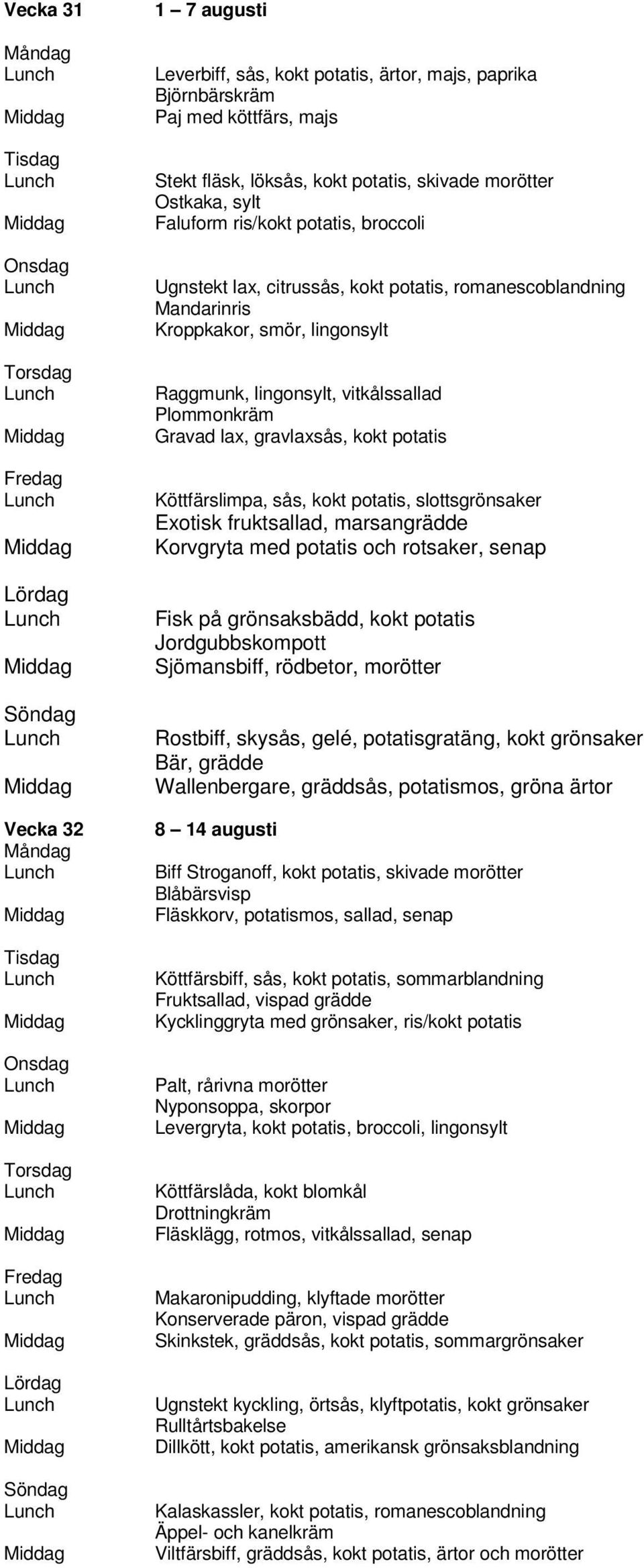 Köttfärslimpa, sås, kokt potatis, slottsgrönsaker Exotisk fruktsallad, marsangrädde Korvgryta med potatis och rotsaker, senap Fisk på grönsaksbädd, kokt potatis Jordgubbskompott Sjömansbiff,