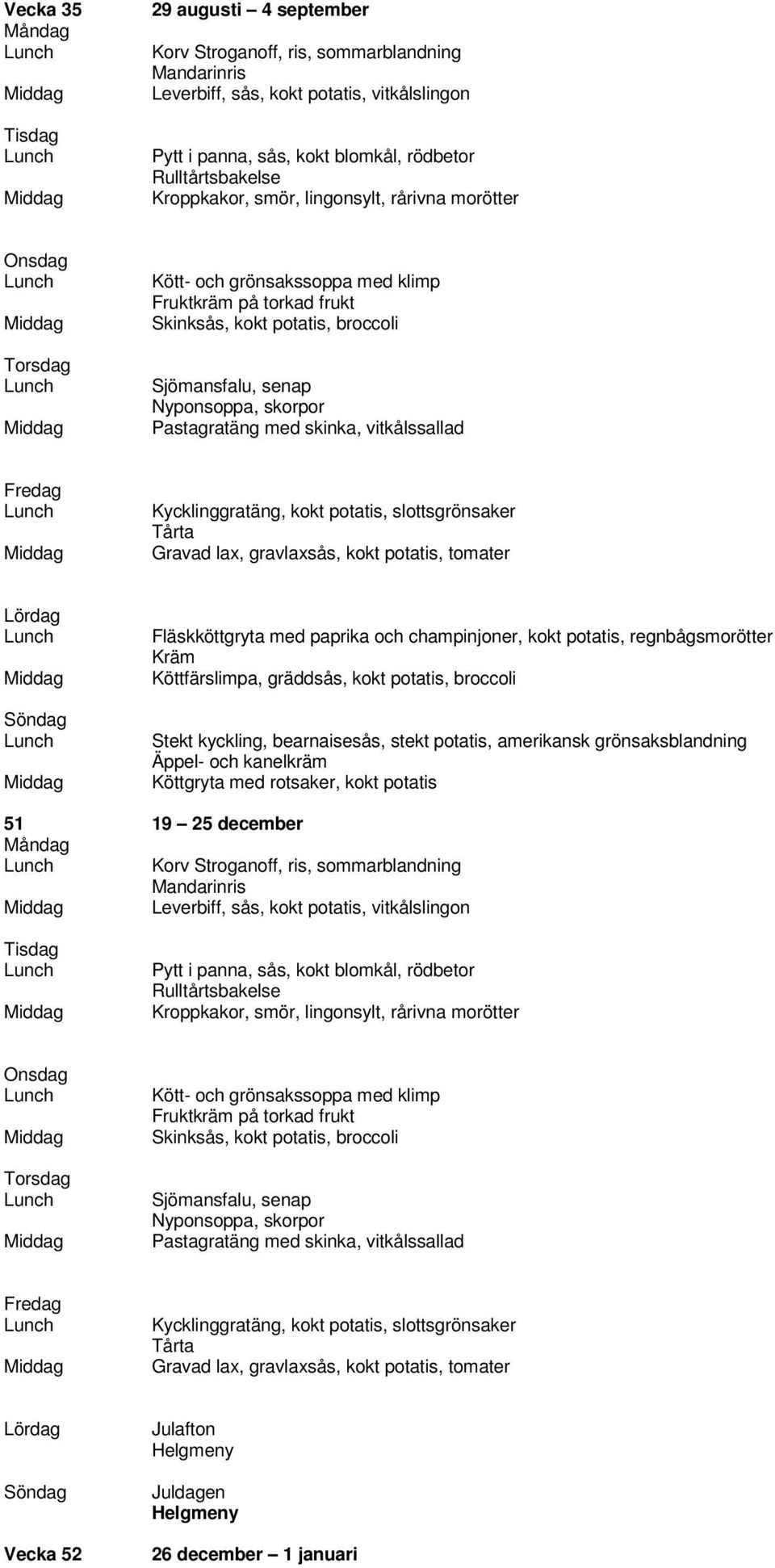 gravlaxsås, kokt potatis, tomater Fläskköttgryta med paprika och champinjoner, kokt potatis, regnbågsmorötter Köttfärslimpa, gräddsås, kokt potatis, broccoli Stekt kyckling, bearnaisesås, stekt