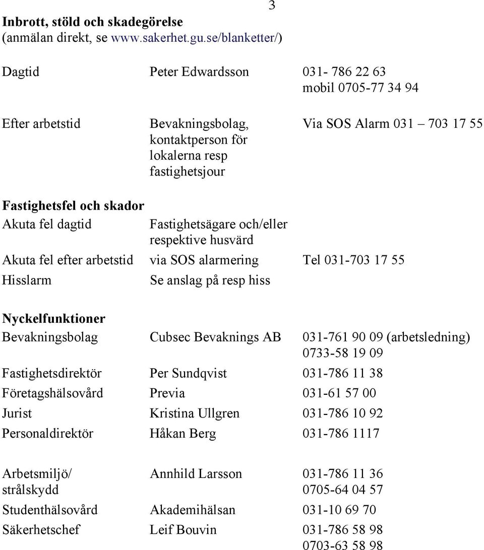 och skador Akuta fel dagtid Fastighetsägare och/eller respektive husvärd Akuta fel efter arbetstid via SOS alarmering Tel 031-703 17 55 Hisslarm Se anslag på resp hiss Nyckelfunktioner