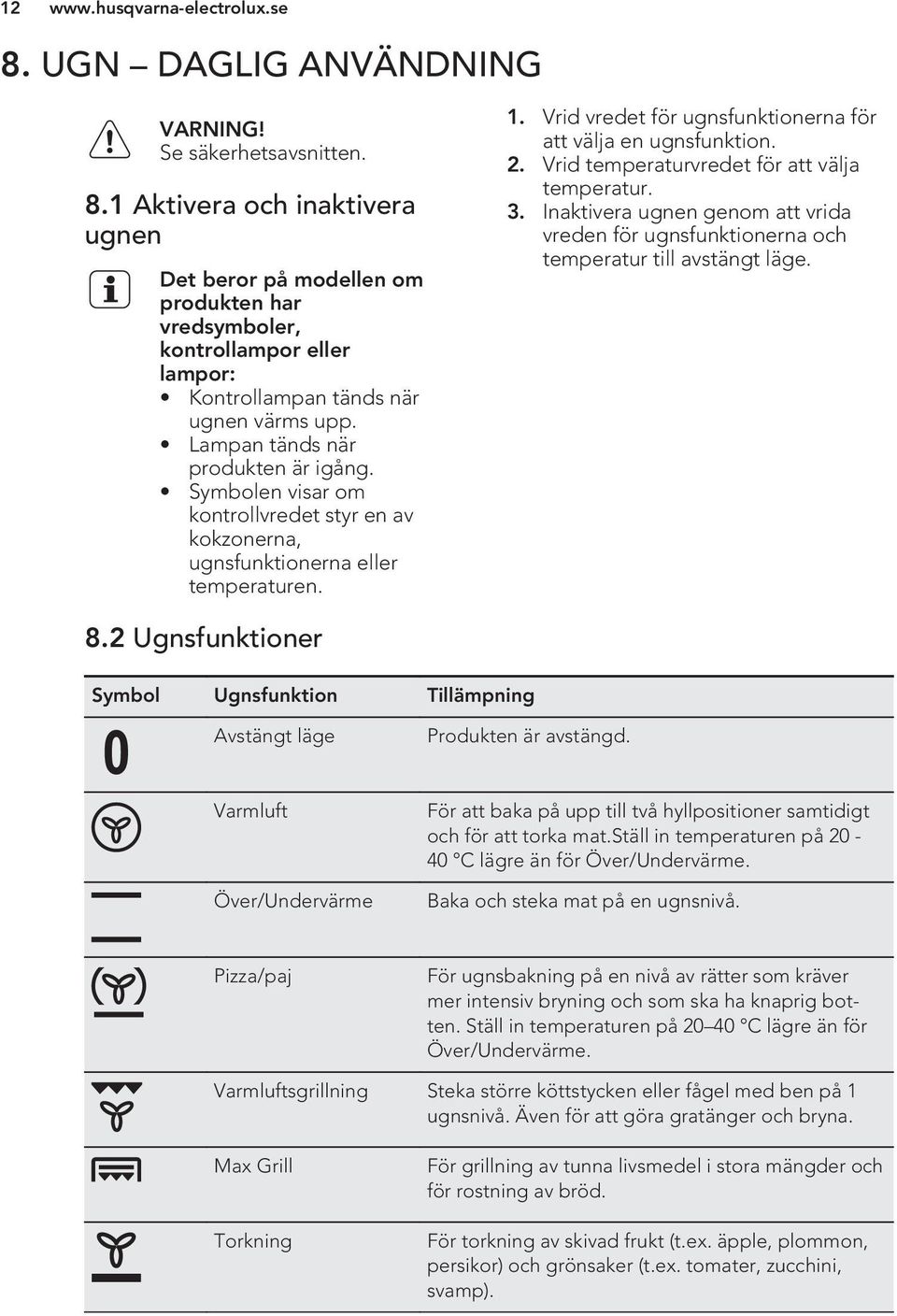 Vrid temperaturvredet för att välja temperatur. 3. Inaktivera ugnen genom att vrida vreden för ugnsfunktionerna och temperatur till avstängt läge. 8.