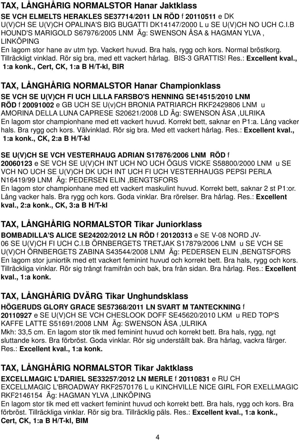 , Cert, CK, 1:a B H/T-kl, BIR TAX, LÅNGHÅRIG NORMALSTOR Hanar Championklass SE VCH SE U(V)CH FI UCH LILLA FARSBO'S HENNING SE14515/2010 LNM RÖD f 20091002 e GB UCH SE U(v)CH BRONIA PATRIARCH