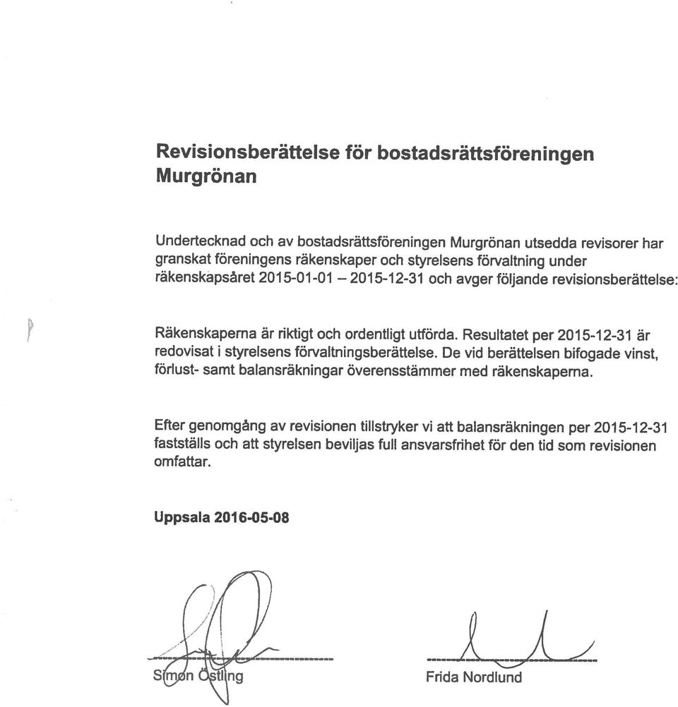 fastställs och att styrelsen beviljas full ansvarsfrihet för den tid som revisionen Efter genomgång av revisionen tilistryker vi att balansräkningen per 2015-12-31 förlust- samt