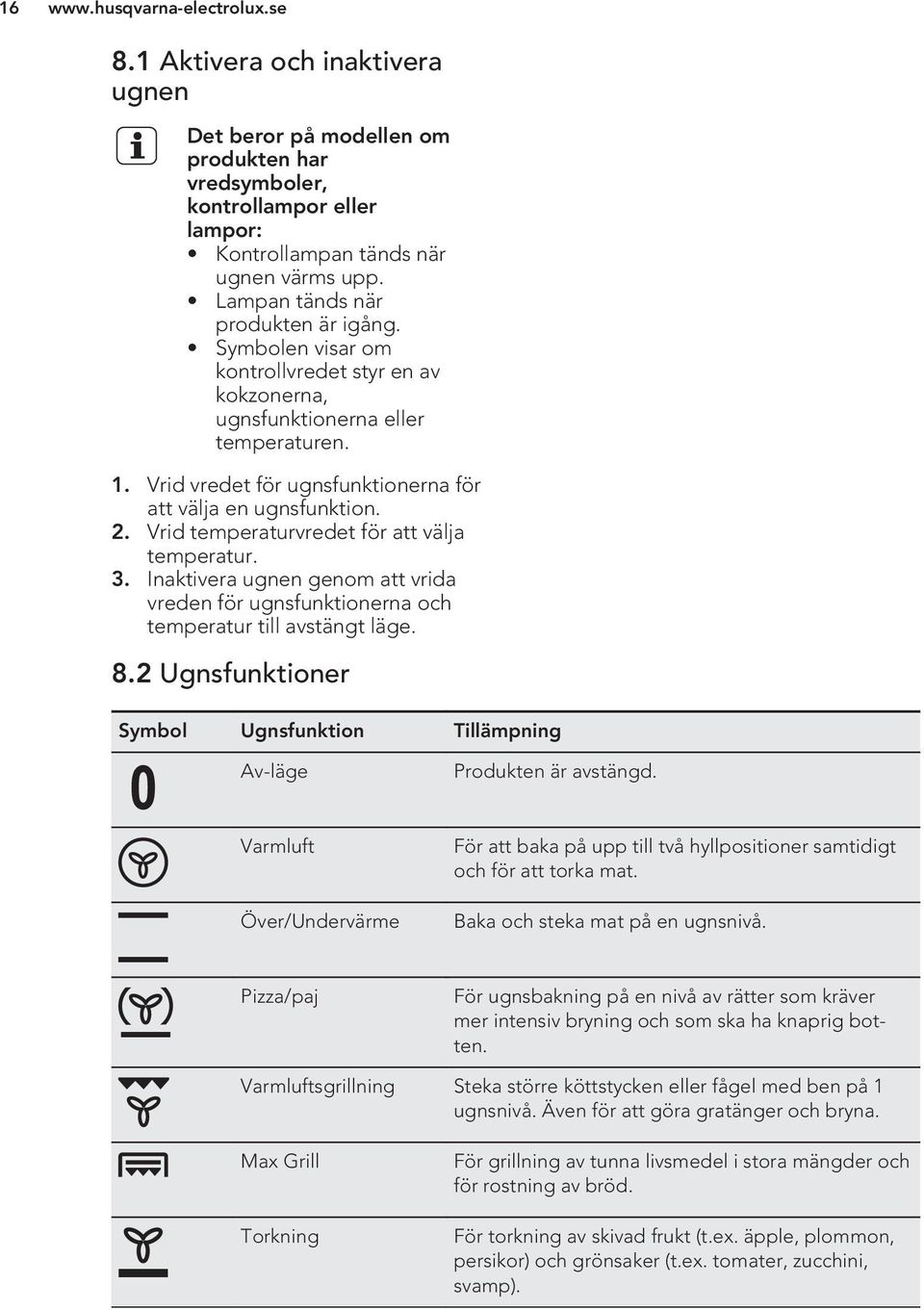 Vrid temperaturvredet för att välja temperatur. 3. Inaktivera ugnen genom att vrida vreden för ugnsfunktionerna och temperatur till avstängt läge. 8.
