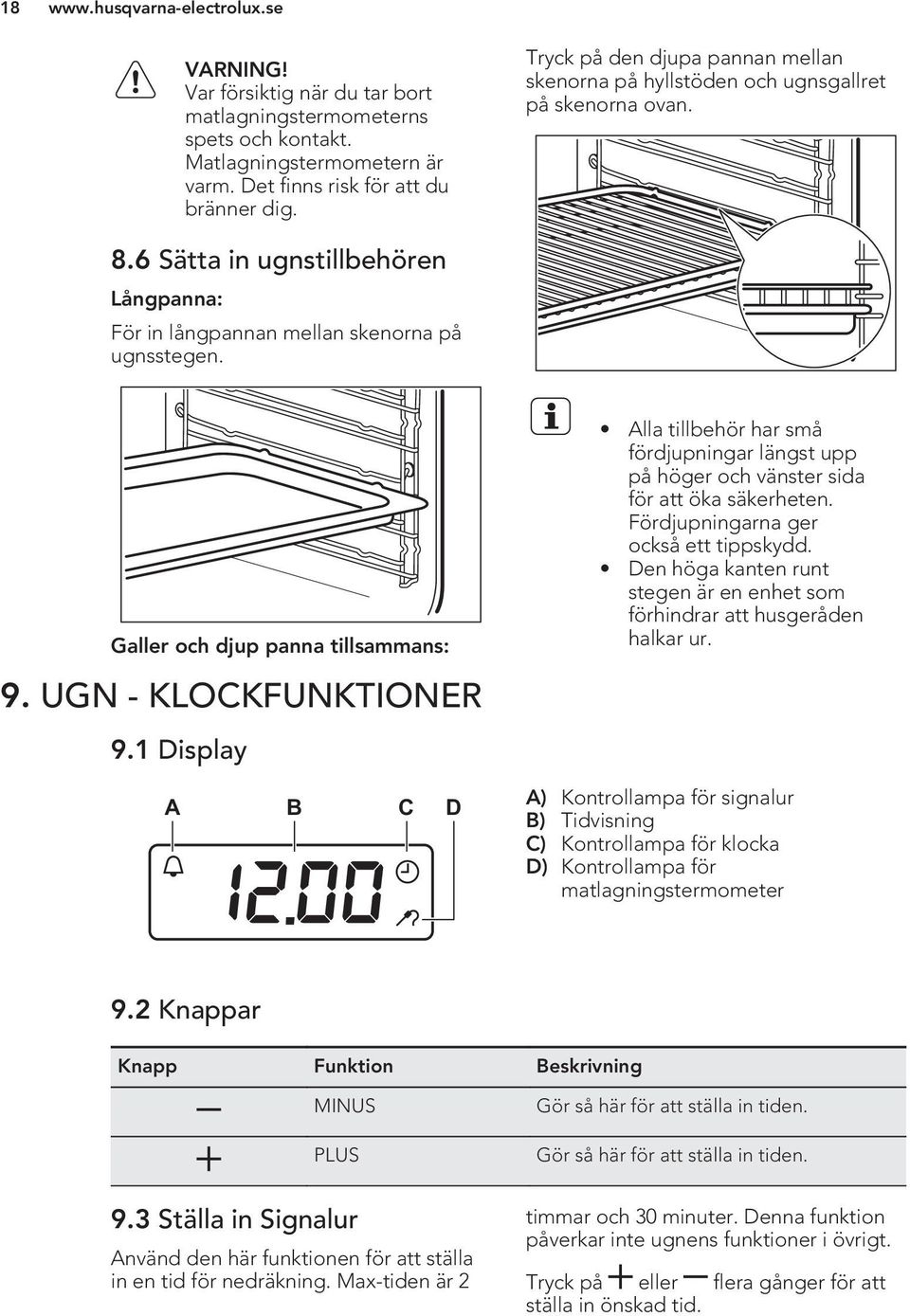 Galler och djup panna tillsammans: 9. UGN - KLOCKFUNKTIONER 9.1 Display A B C D Alla tillbehör har små fördjupningar längst upp på höger och vänster sida för att öka säkerheten.