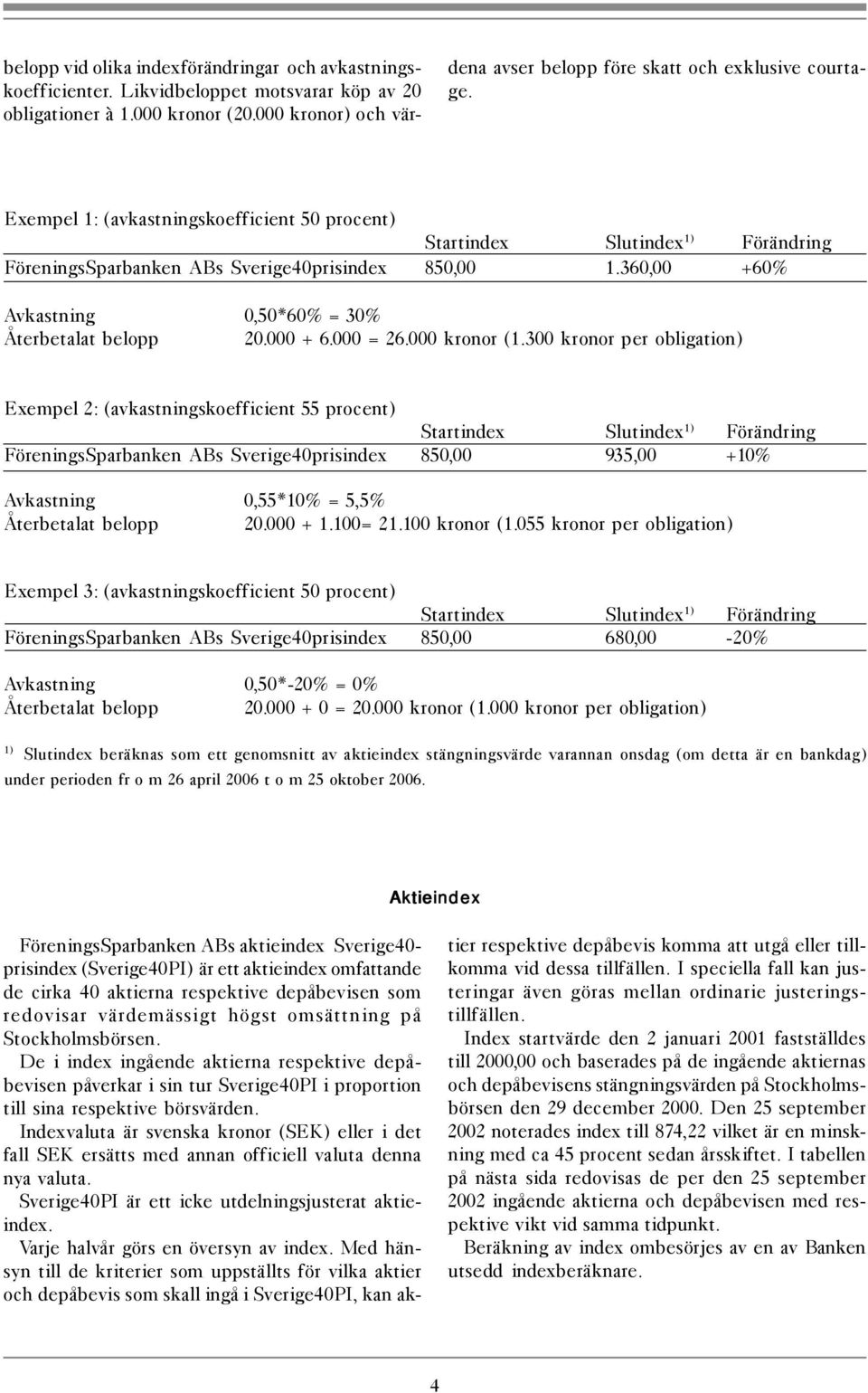 Exempel 1: (avkastningskoefficient 50 procent) Startindex Slutindex 1) Förändring FöreningsSparbanken ABs Sverige40prisindex 850,00 1.360,00 +60% Avkastning 0,50*60% = 30% Återbetalat belopp 20.