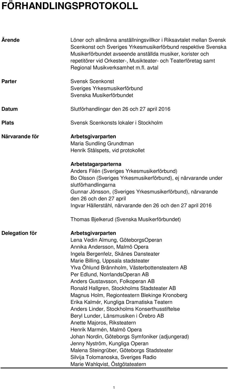 avtal Svensk Scenkonst Sveriges Yrkesmusikerförbund Svenska Musikerförbundet Datum Slutförhandlingar den 26 och 27 april 2016 Plats Närvarande för Svensk Scenkonsts lokaler i Stockholm