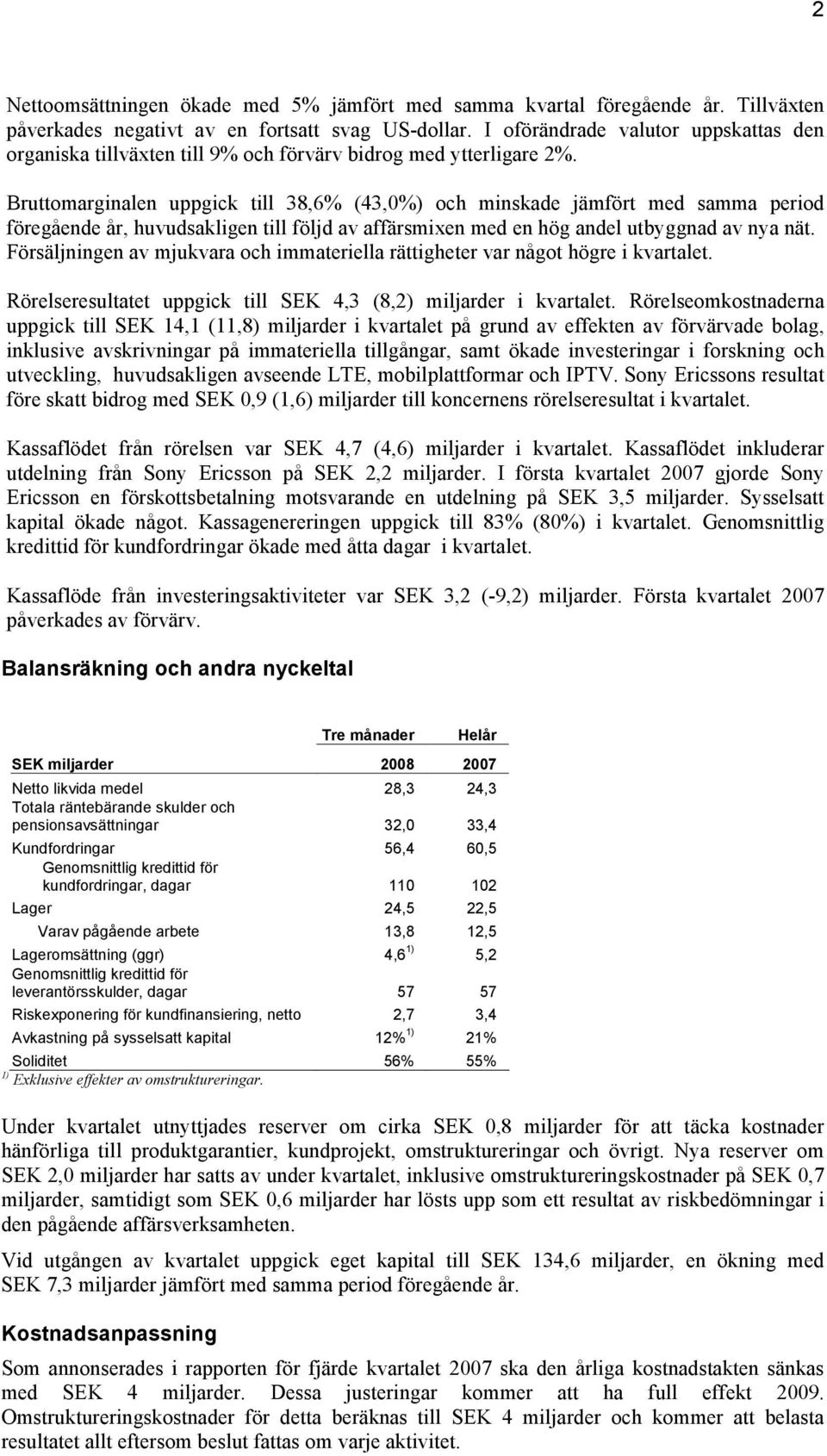 Bruttomarginalen uppgick till 38,6% (43,0%) och minskade jämfört med samma period föregående år, huvudsakligen till följd av affärsmixen med en hög andel utbyggnad av nya nät.