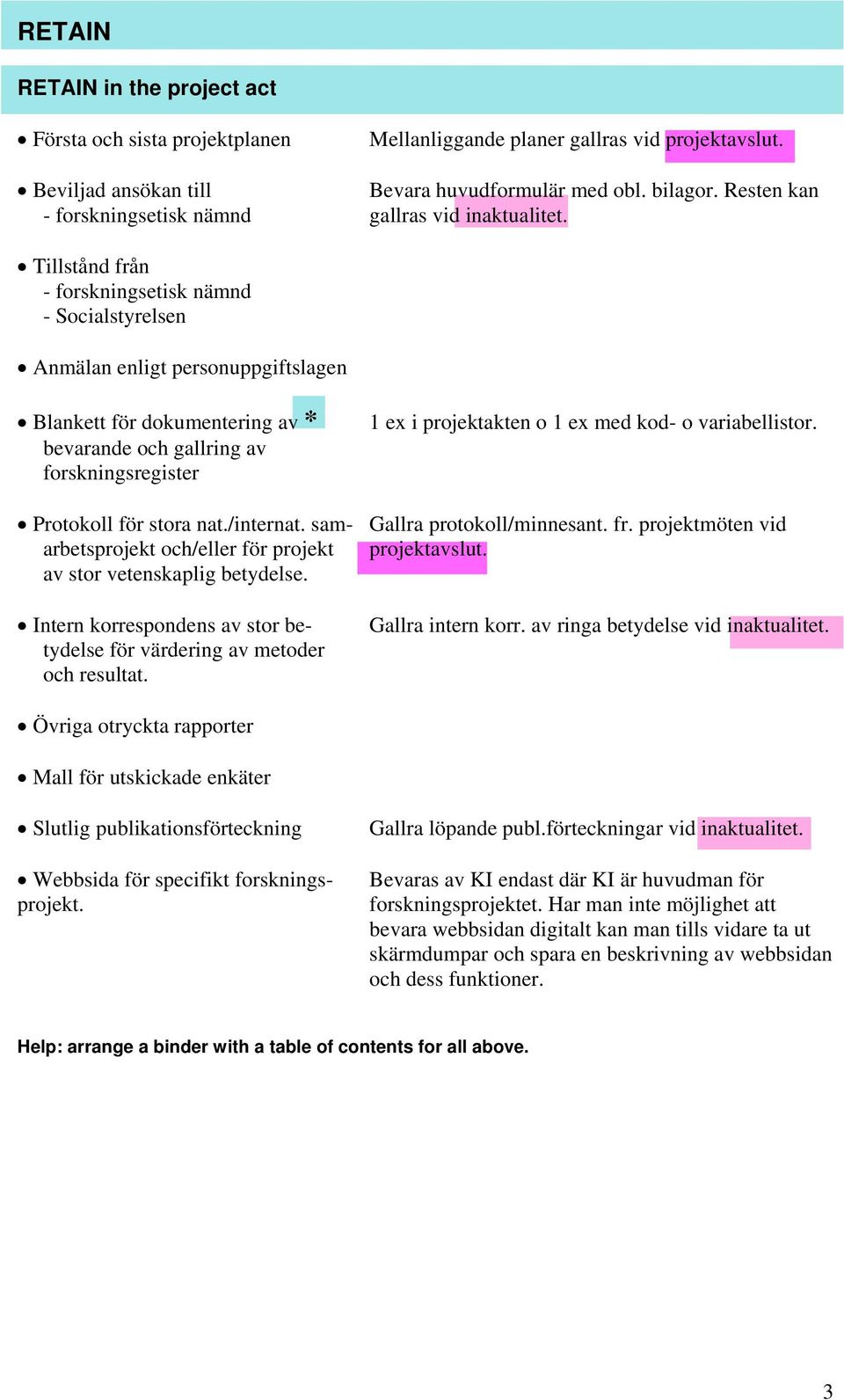 Tillstånd från - forskningsetisk nämnd - Socialstyrelsen Anmälan enligt personuppgiftslagen Blankett för dokumentering av * bevarande och gallring av forskningsregister 1 ex i projektakten o 1 ex med