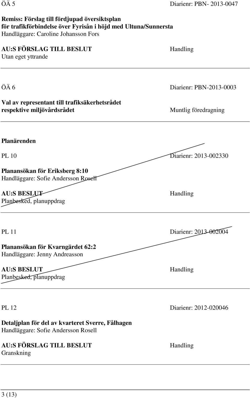 Diarienr: 2013-002330 Planansökan för Eriksberg 8:10 Handläggare: Sofie Andersson Rosell Planbesked, planuppdrag PL 11 Diarienr: 2013-002004 Planansökan för Kvarngärdet 62:2