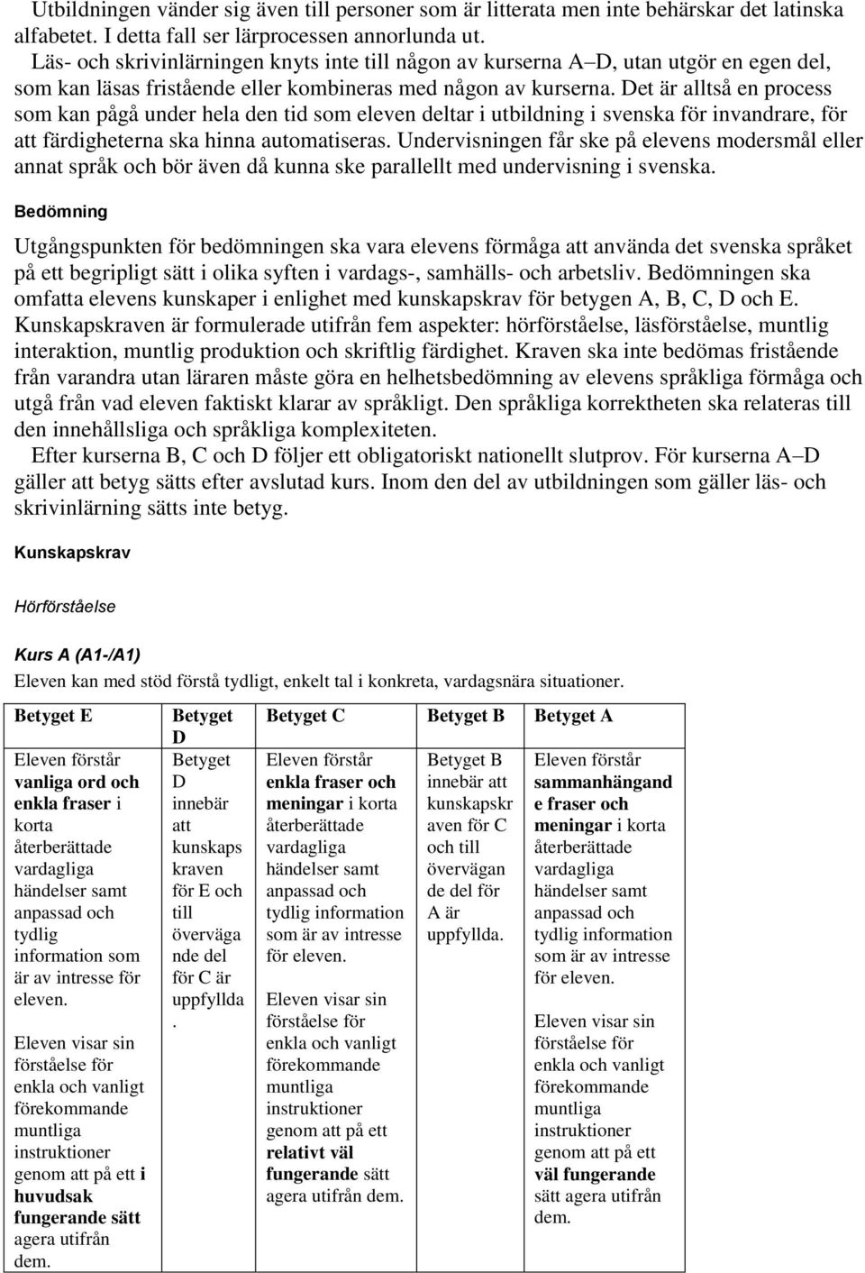 för färdigheterna ska hinna automatiseras Undervisningen får ske på elevens modersmål eller annat språk och bör även då kunna ske parallellt med undervisning i svenska Bedömning Utgångspunkten för