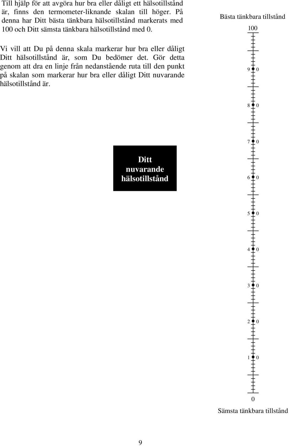 Bästa tänkbara tillstånd 100 Vi vill att Du på denna skala markerar hur bra eller dåligt Ditt hälsotillstånd är, som Du bedömer det.