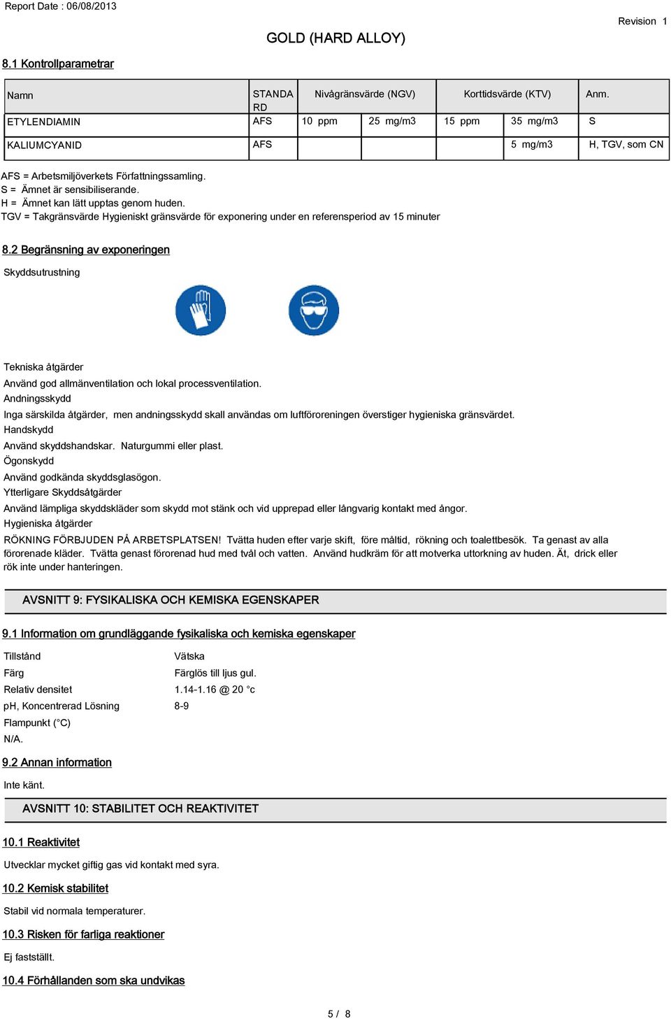 H = Ämnet kan lätt upptas genom huden. TGV = Takgränsvärde Hygieniskt gränsvärde för exponering under en referensperiod av 15 minuter 8.