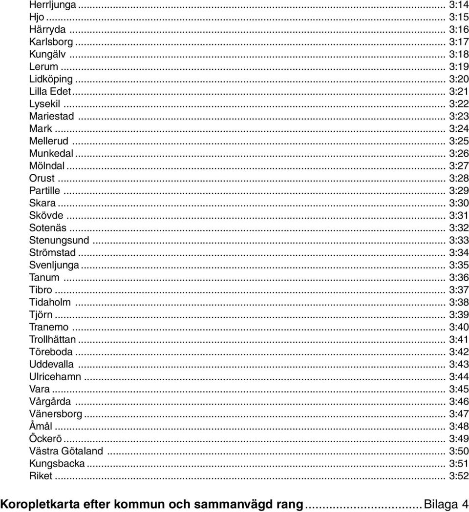 .. 3:34 Svenljunga... 3:35 Tanum... 3:36 Tibro... 3:37 Tidaholm... 3:38 Tjörn... 3:39 Tranemo... 3:40 Trollhättan... 3:41 Töreboda... 3:42 Uddevalla... 3:43 Ulricehamn.