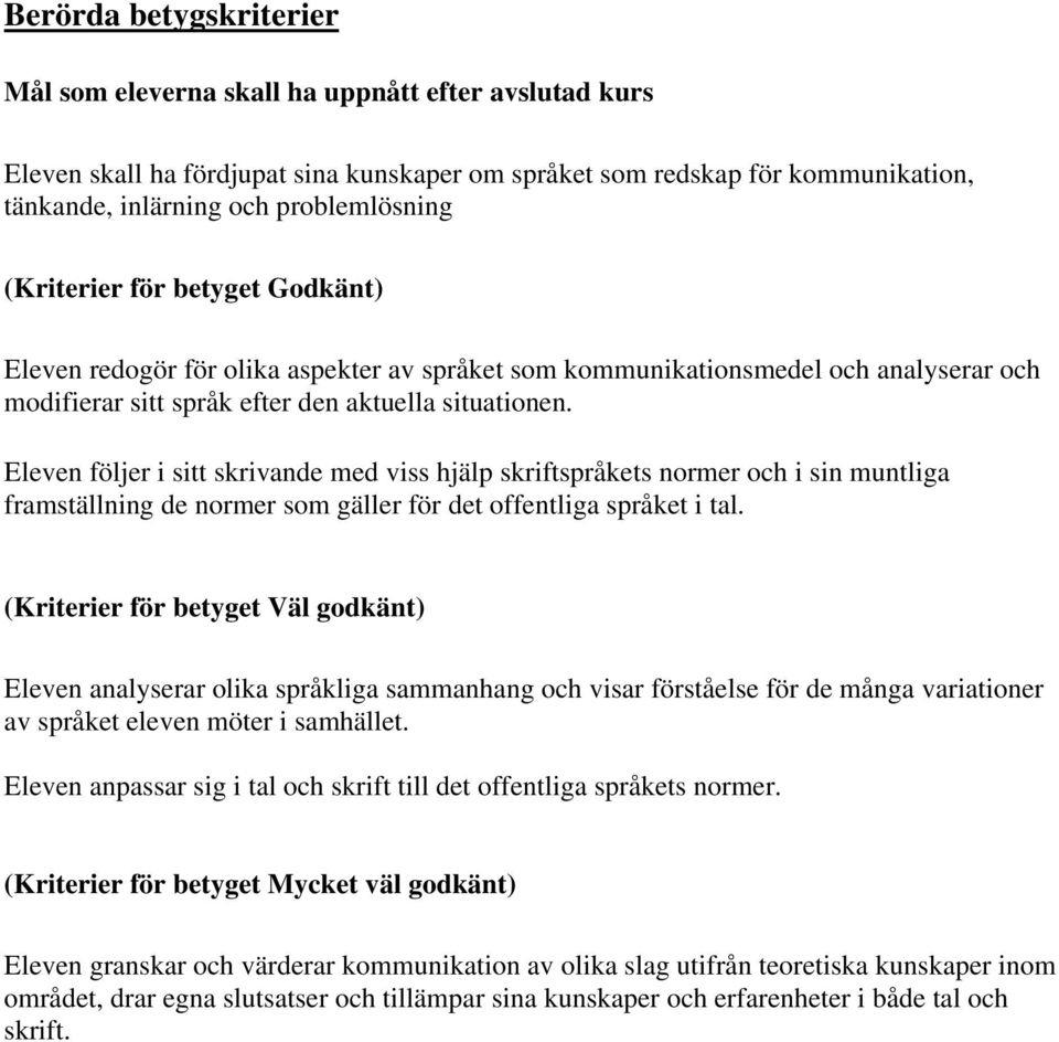 Eleven följer i sitt skrivande med viss hjälp skriftspråkets normer och i sin muntliga framställning de normer som gäller för det offentliga språket i tal.