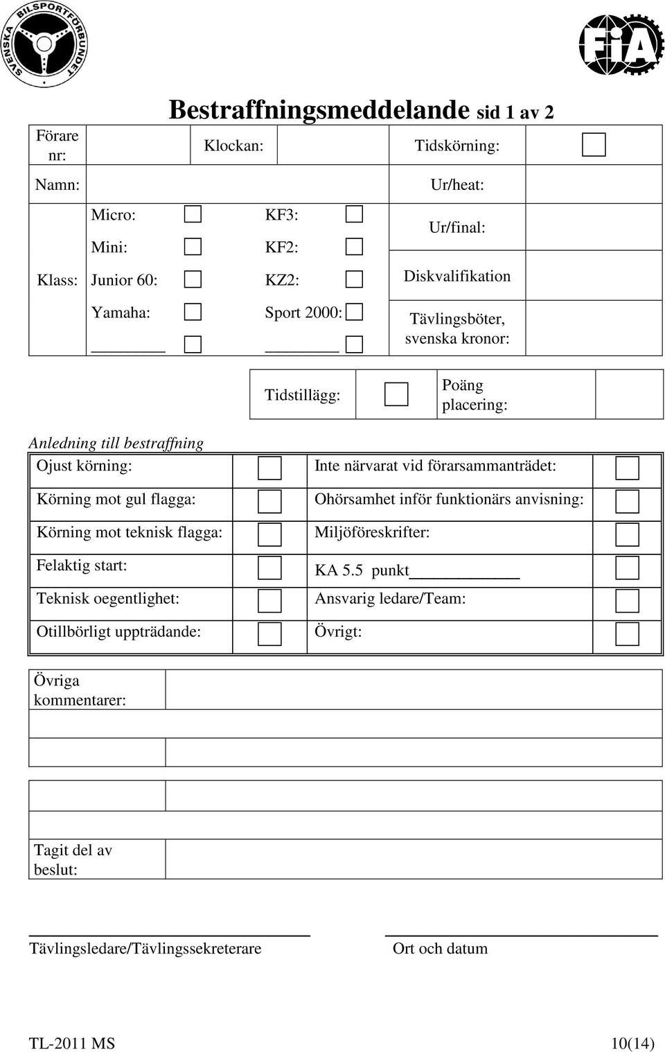 teknisk flagga: Felaktig start: Teknisk oegentlighet: Otillbörligt uppträdande: Inte närvarat vid förarsammanträdet: Ohörsamhet inför funktionärs anvisning: