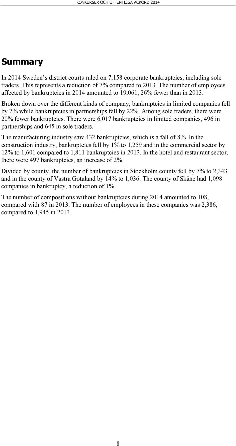 Broken down over the different kinds of company, bankruptcies in limited companies fell by 7% while bankruptcies in partnerships fell by 22%. Among sole traders, there were 2% fewer bankruptcies.