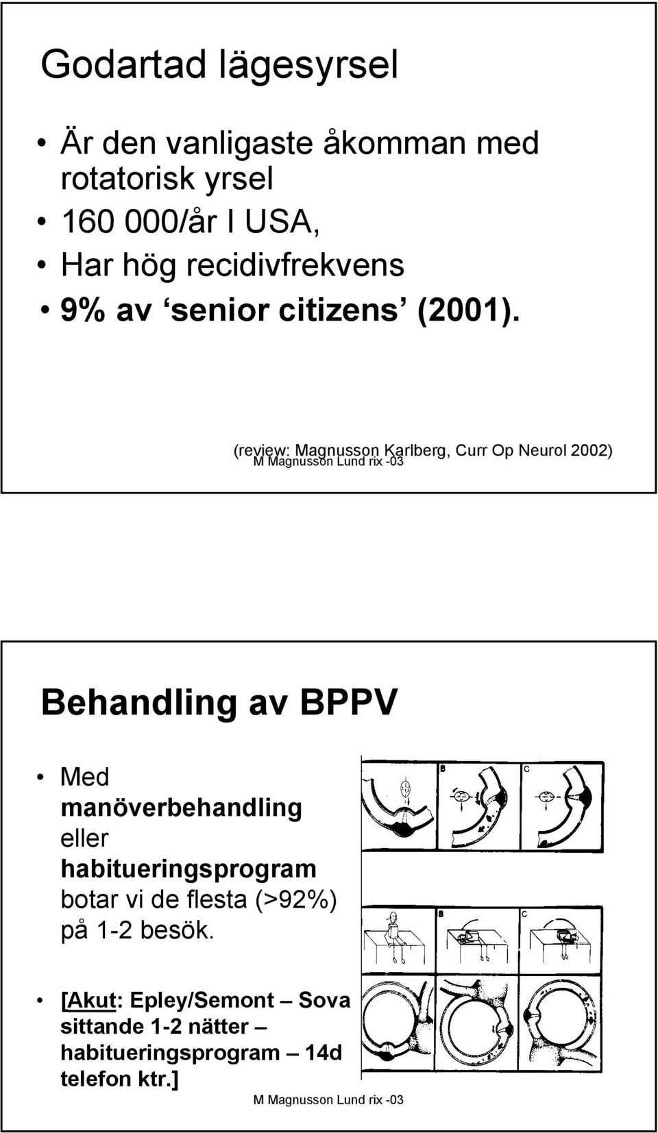 (review: Magnusson Karlberg, Curr Op Neurol 2002) Behandling av BPPV Med manöverbehandling